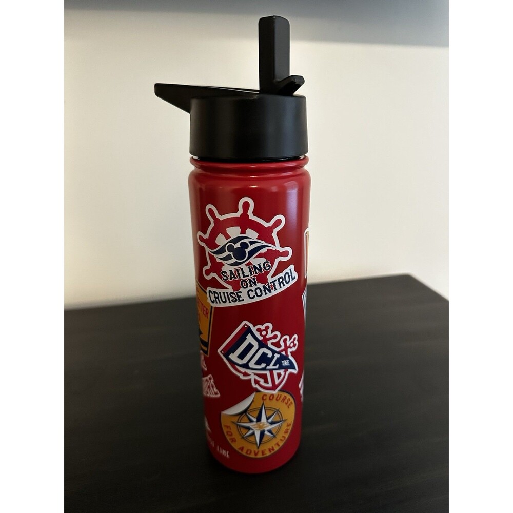 Disney Cruise Line Stainless Steel Water Bottle-22 oz Red Stickers - With Straw